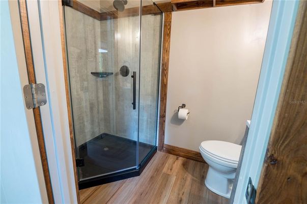 Bathroom, Glass Shower, Interior, Wood Texture Flooring