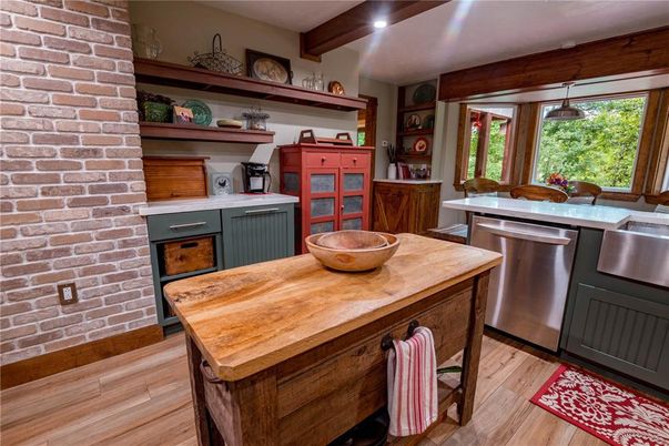 Interior, Kitchen, Pendant Lights, Recessed Lighting, Stainless Steel Appliances, Stone Walls, Wooden Beams, Wood Texture Flooring