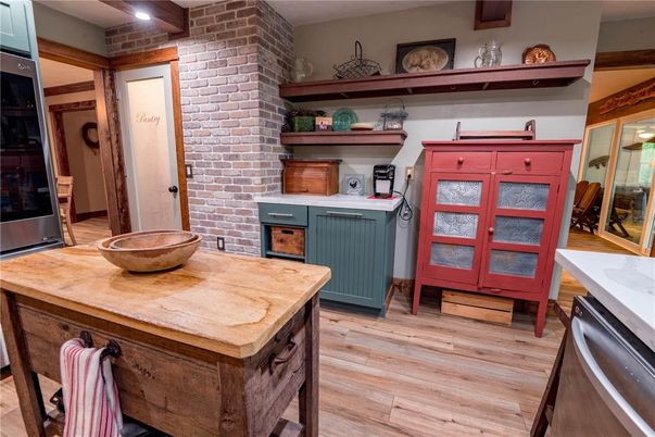 Interior, Kitchen, Recessed Lighting, Stone Walls, Wood Texture Flooring
