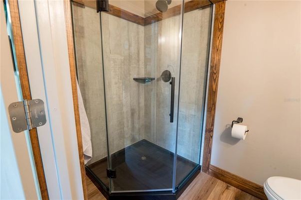 Bathroom, Glass Shower, Interior, Wood Texture Flooring