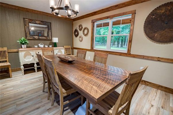 Chandelier, Dining room, Interior, Wood Texture Flooring