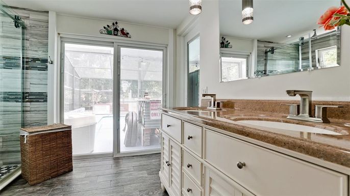 Bathroom, Glass Shower, Interior, Wood Texture Flooring