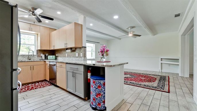 Interior, Kitchen, Recessed Lighting, Wood Texture Flooring