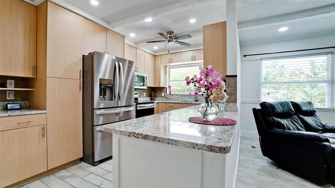 Interior, Kitchen, Recessed Lighting, Stainless Steel Appliances, Wood Texture Flooring