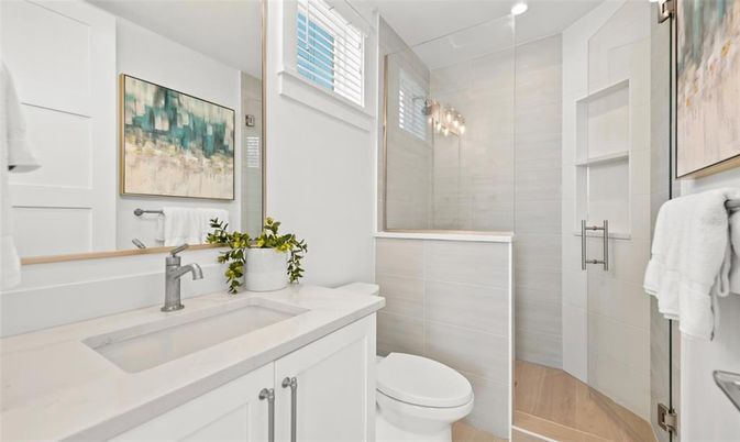 Bathroom, Glass Shower, Interior, Wood Texture Flooring