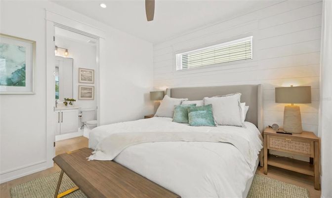Bedroom, Interior, Recessed Lighting, Wood Texture Flooring