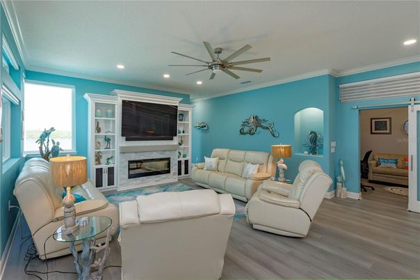 Fireplace, Interior, Living room, Recessed Lighting, Wood Texture Flooring