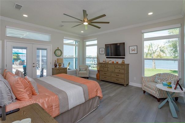 Bedroom, Interior, Recessed Lighting, Water, Wood Texture Flooring
