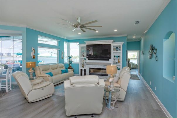 Fireplace, Interior, Living room, Recessed Lighting, Wood Texture Flooring