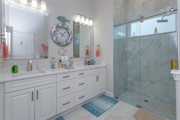 Bathroom, Dual Sink Vanities, Glass Shower, Interior, Marble Walls