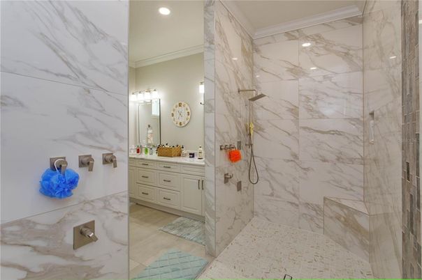 Bathroom, Glass Shower, Interior, Marble Walls, Recessed Lighting