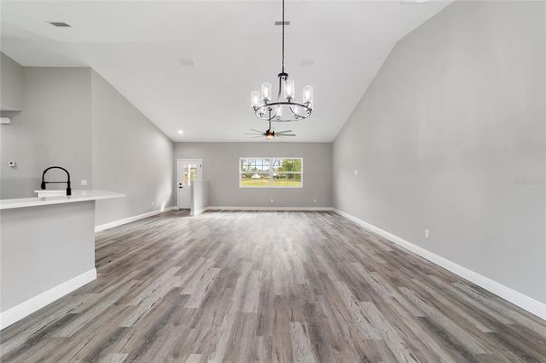 Chandelier, Empty room, Interior, Recessed Lighting, Wood Texture Flooring