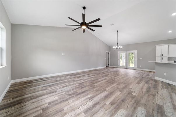 Chandelier, Empty room, Interior, Kitchen, Recessed Lighting, Wood Texture Flooring