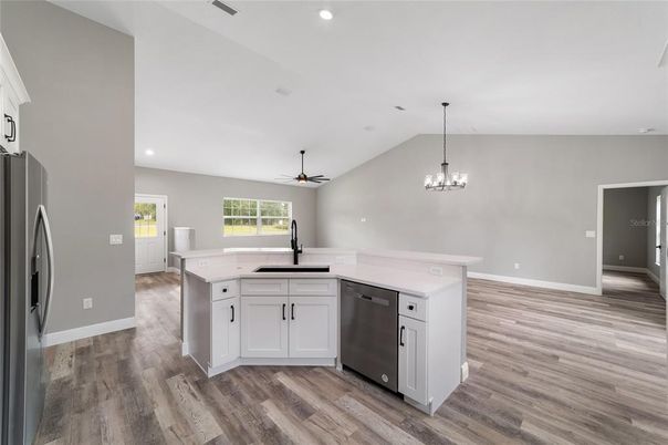 Chandelier, Interior, Kitchen, Pendant Lights, Recessed Lighting, Wood Texture Flooring
