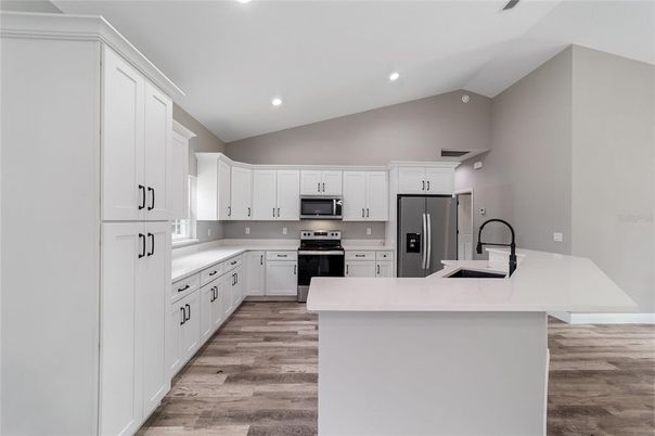 Interior, Kitchen, Recessed Lighting, Stainless Steel Appliances, Wood Texture Flooring