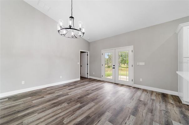 Chandelier, Empty room, Interior, Pendant Lights, Wood Texture Flooring