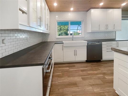 Interior, Kitchen, Recessed Lighting, Stainless Steel Appliances, Wooden Ceilings, Wood Texture Flooring