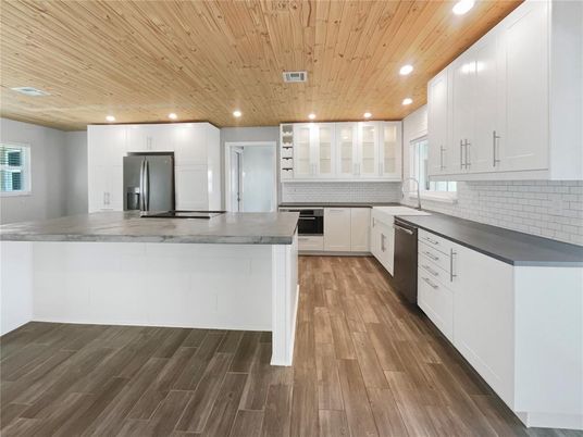 Interior, Kitchen, Recessed Lighting, Stainless Steel Appliances, Wooden Ceilings, Wood Texture Flooring