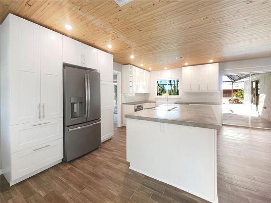 Interior, Kitchen, Recessed Lighting, Wooden Ceilings, Wood Texture Flooring