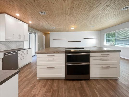Interior, Kitchen, Recessed Lighting, Stainless Steel Appliances, Wooden Ceilings, Wood Texture Flooring