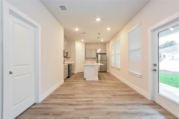 Interior, Kitchen, Pendant Lights, Recessed Lighting, Wood Texture Flooring