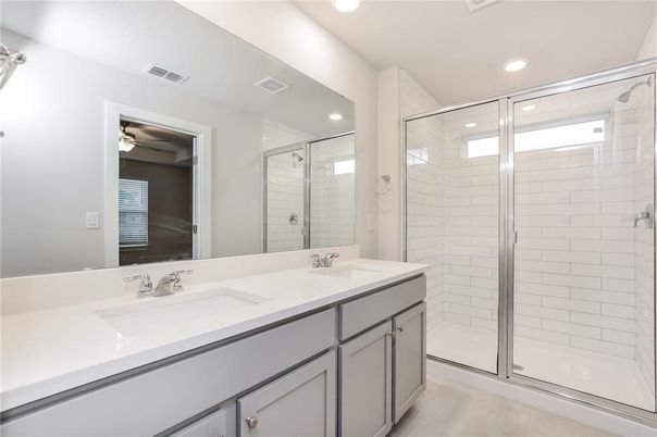 Bathroom, Dual Sink Vanities, Glass Shower, Interior, Recessed Lighting