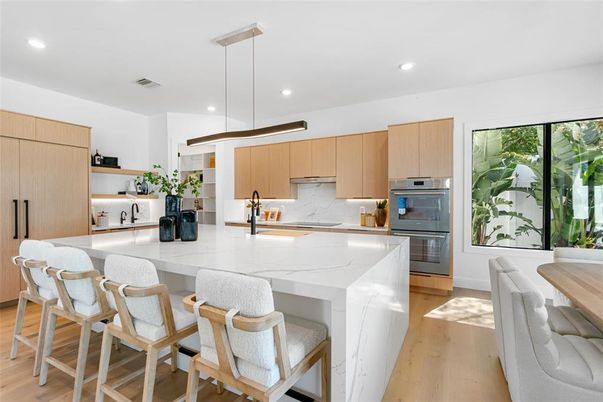 Interior, Kitchen, Pendant Lights, Recessed Lighting, Stainless Steel Appliances, Wood Texture Flooring