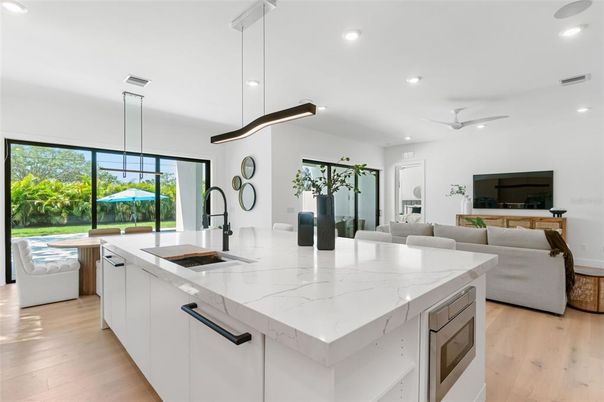 Interior, Kitchen, Living room, Pendant Lights, Recessed Lighting, Wood Texture Flooring