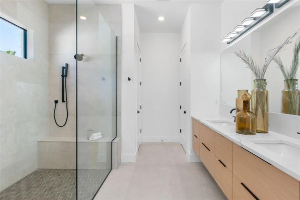 Bathroom, Dual Sink Vanities, Glass Shower, Interior, Recessed Lighting