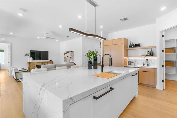 Interior, Kitchen, Pendant Lights, Recessed Lighting, Wood Texture Flooring