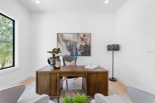 Home Office, Interior, Recessed Lighting, Wood Texture Flooring