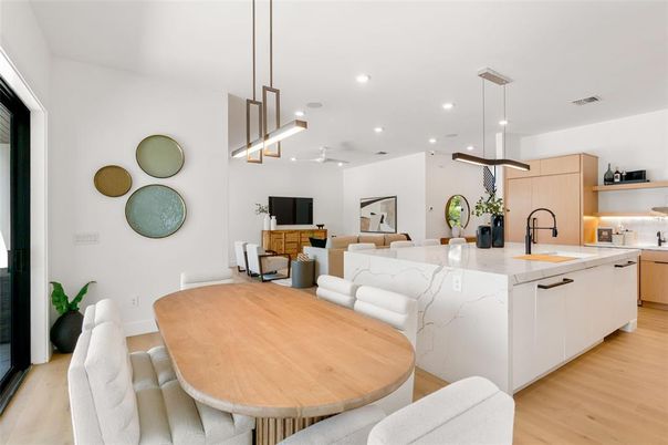 Dining room, Interior, Kitchen, Living room, Pendant Lights, Recessed Lighting, Wood Texture Flooring