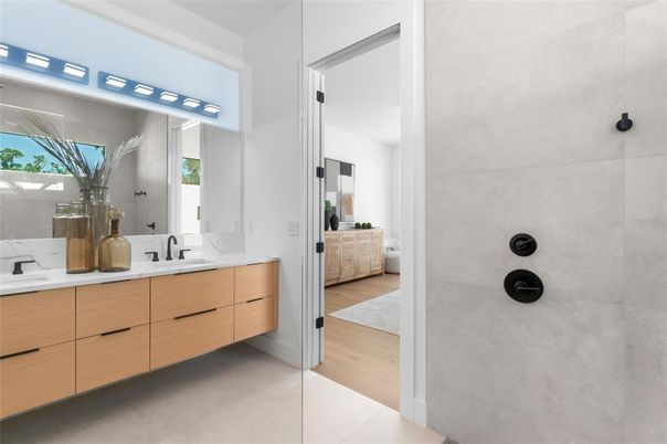 Bathroom, Dual Sink Vanities, Interior, Wood Texture Flooring