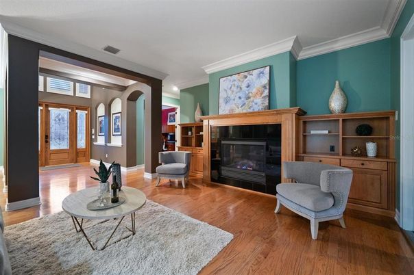 Fireplace, Interior, Recessed Lighting, Wood Texture Flooring