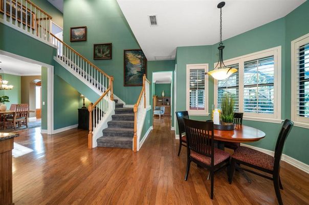 Dining room, Interior, Pendant Lights, Wood Texture Flooring