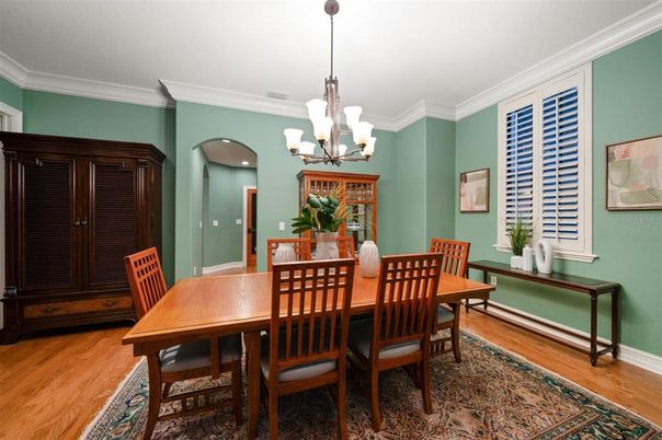 Chandelier, Dining room, Interior, Recessed Lighting, Wood Texture Flooring