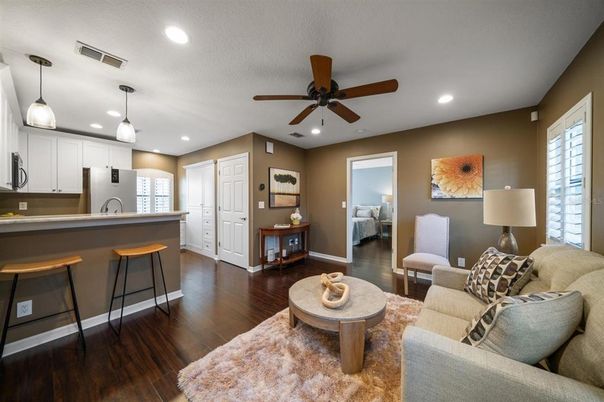 Interior, Kitchen, Living room, Pendant Lights, Recessed Lighting, Wood Texture Flooring