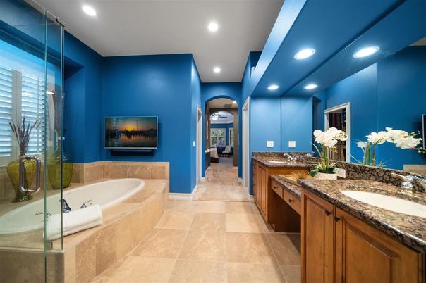 Bathroom, Dual Sink Vanities, Fireplace, Glass Shower, Interior, Recessed Lighting