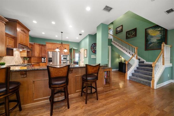 Interior, Kitchen, Pendant Lights, Recessed Lighting, Stainless Steel Appliances, Wood Texture Flooring