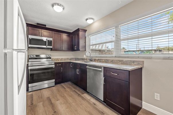 Interior, Kitchen, Stainless Steel Appliances, Wood Texture Flooring