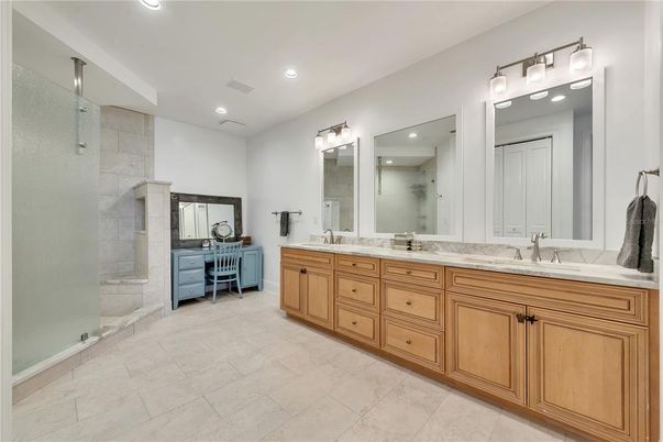 Bathroom, Dual Sink Vanities, Glass Shower, Interior, Recessed Lighting