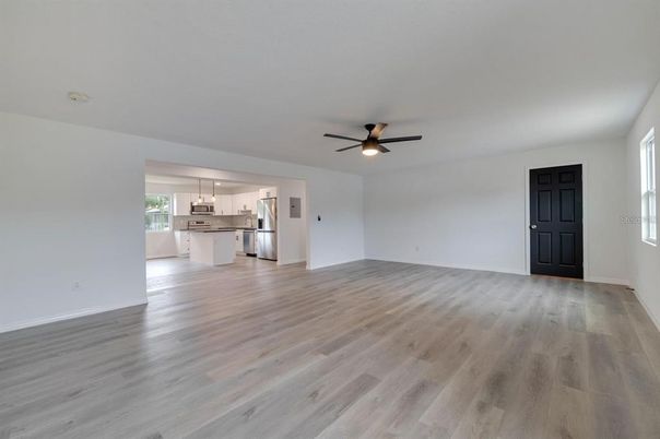 Empty room, Interior, Kitchen, Pendant Lights, Wood Texture Flooring