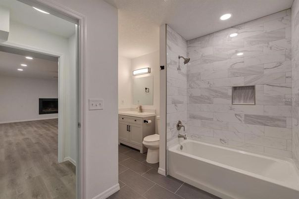 Bathroom, Interior, Marble Walls, Recessed Lighting, Wood Texture Flooring