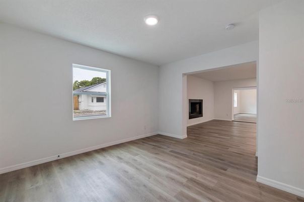Empty room, Fireplace, Interior, Recessed Lighting, Wood Texture Flooring