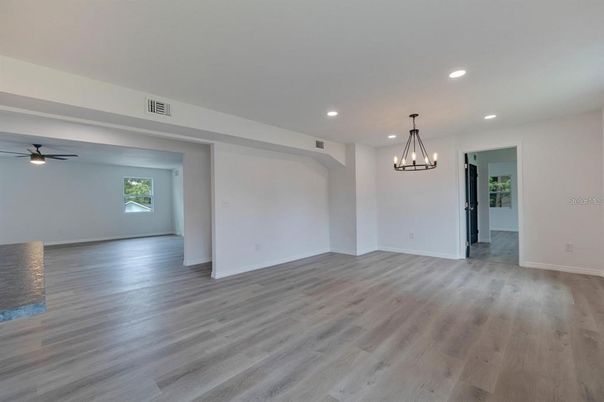 Chandelier, Empty room, Interior, Pendant Lights, Recessed Lighting, Wood Texture Flooring