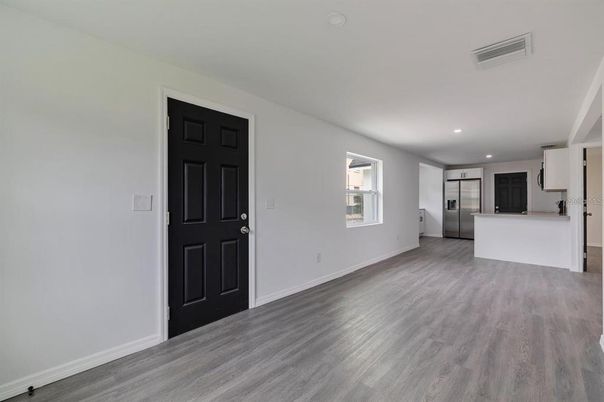 Empty room, Interior, Kitchen, Recessed Lighting, Wood Texture Flooring