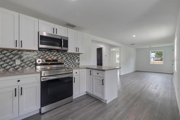 Interior, Kitchen, Recessed Lighting, Stainless Steel Appliances, Wood Texture Flooring