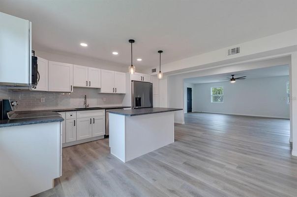 Interior, Kitchen, Pendant Lights, Recessed Lighting, Wood Texture Flooring