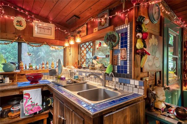 Interior, Kitchen, Tile Countertops, Wooden Ceilings