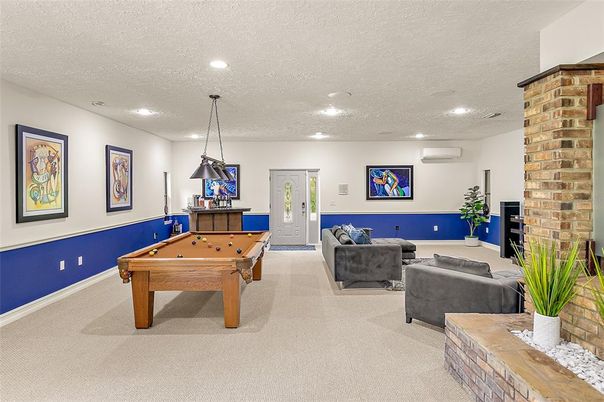 Billiard Table, Fireplace, Game Room, Interior, Living room, Pendant Lights, Recessed Lighting, Stone Walls